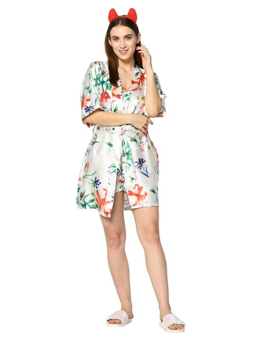 white floral shorts nightwear set with robe - 20255203 - Very Small Image - 1
