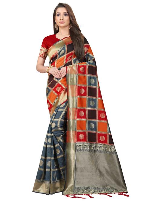 color block woven saree with blouse - 20255662 - Very Small Image - 1