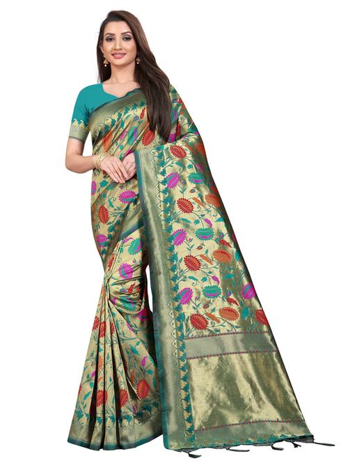 green art silk banarasi saree with blouse - 20255729 - Very Small Image - 1