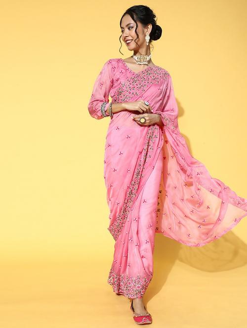 pink colored embroidered saree with blouse - 20255818 - Very Small Image - 1