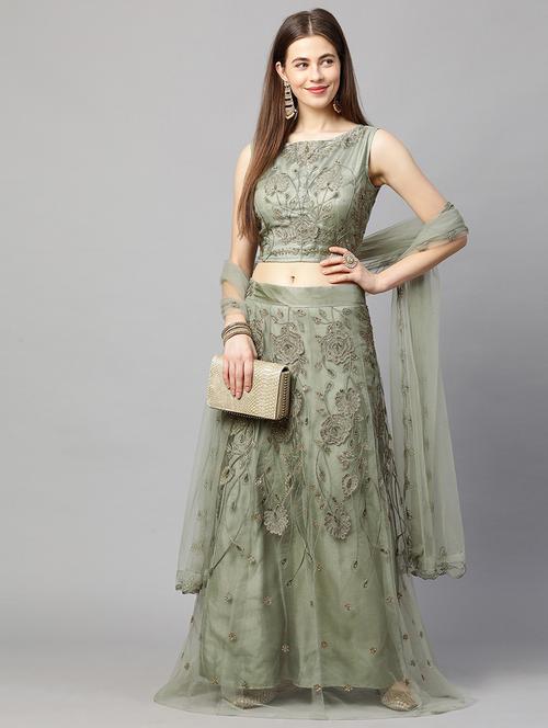 khaki colored flared lehenga - 20256132 - Very Small Image - 1