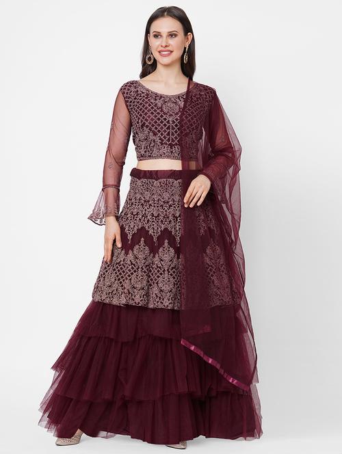 burgundy colored tiered lehenga - 20256194 - Very Small Image - 1