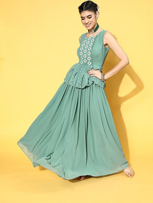 sea green colored flared lehenga - 20256214 - Very Small Image - 1