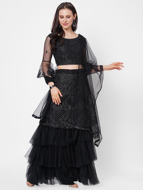 black colored tiered lehenga - 20256230 - Very Small Image - 1