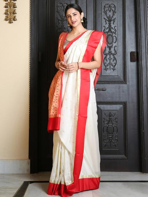 women white bordered silk saree with blouse - 20256662 - Very Small Image - 1