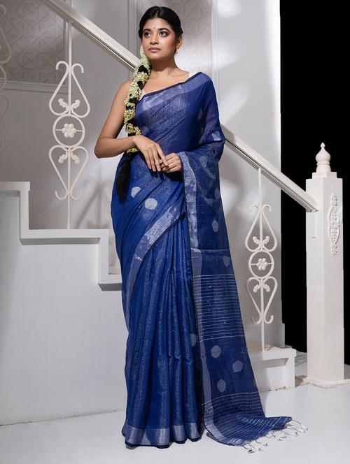 navy blue colored handloom saree with blouse - 20256664 - Very Small Image - 1