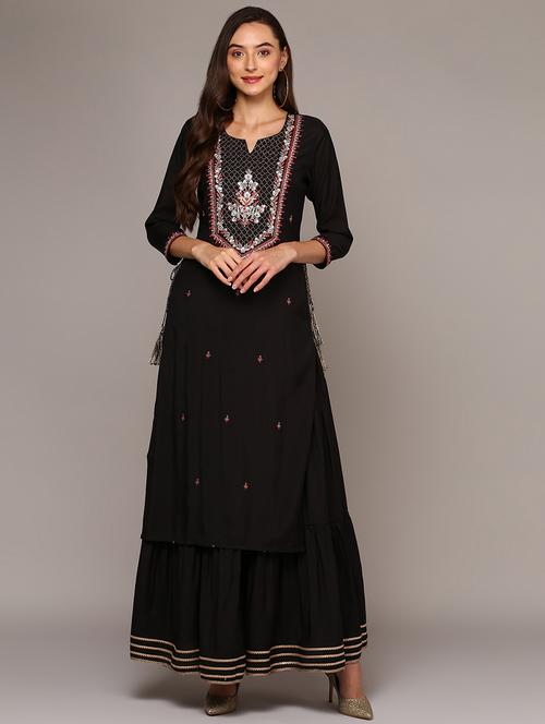 black silk blend layered kurta - 20256813 - Very Small Image - 1