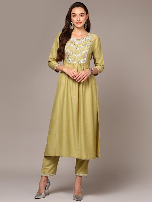women olive round neck kurta pant set - 20256885 - Very Small Image - 1