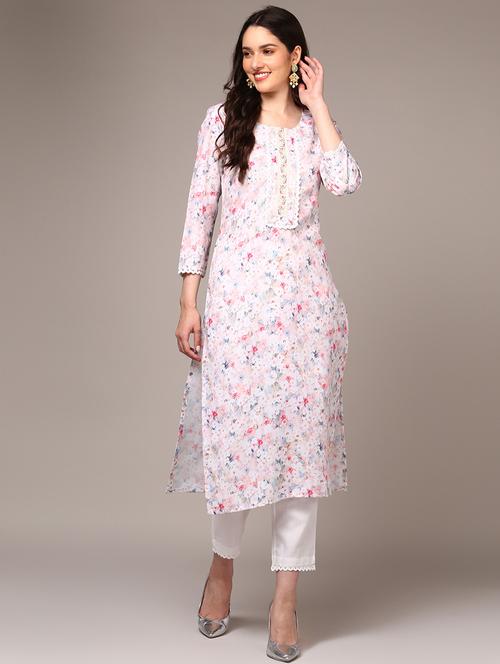 white cotton blend straight kurta - 20256934 - Very Small Image - 1