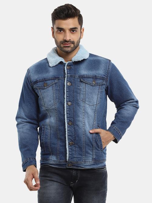 men dark blue washed denim cotton casual jacket - 20257046 - Very Small Image - 1