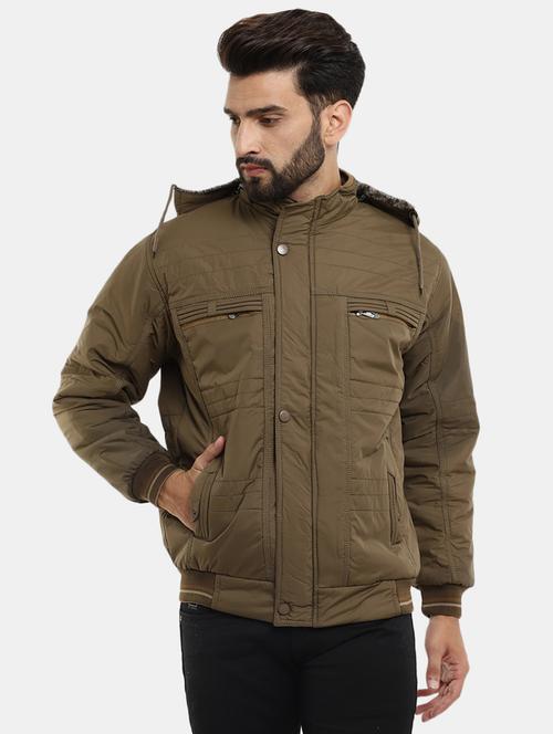 men solid olive hooded cotton casual jacket - 20257096 - Very Small Image - 1