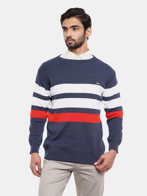 men dark blue color block cotton pullover - 20257193 - Very Small Image - 1
