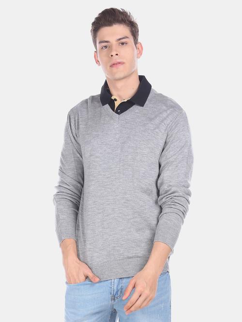 v neck solid pullover - 20257209 - Very Small Image - 1