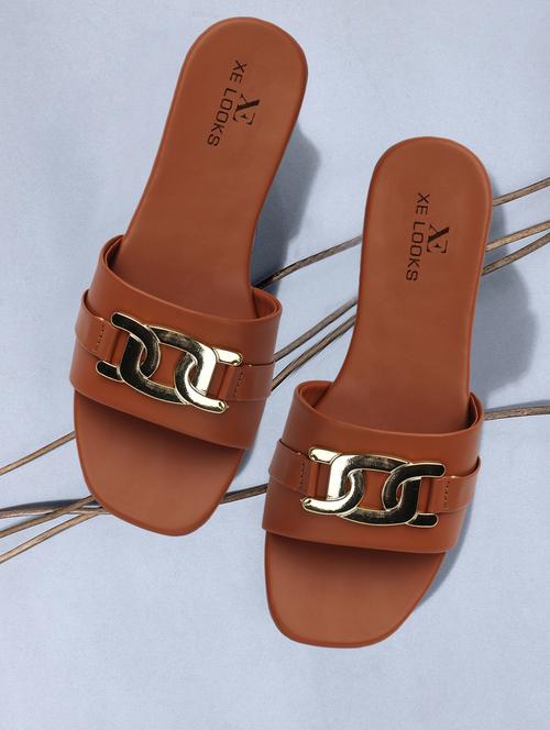 tan leatherette slip on sandals - 20257273 - Very Small Image - 1