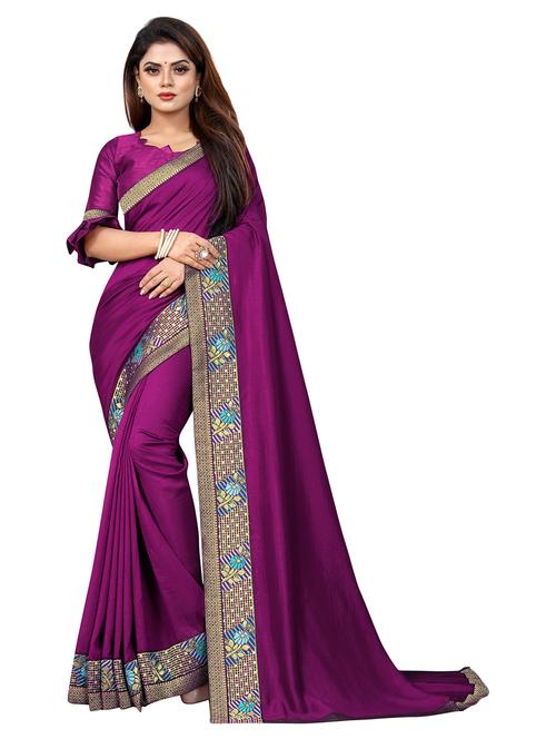 women purple solid bordered saree with blouse - 20258889 - Very Small Image - 1
