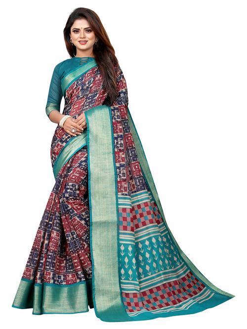 women's geometric ai aqua colored saree with blouse - 20258900 - Very Small Image - 1