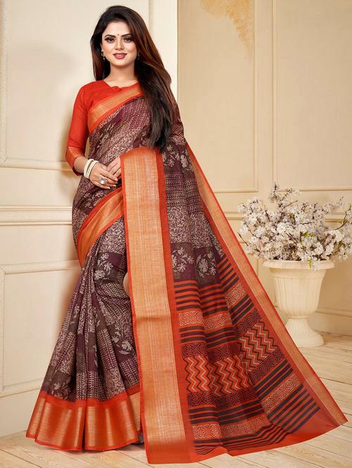 brown printed bordered saree - 20259016 - Very Small Image - 1