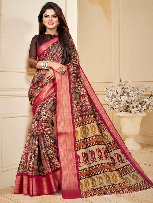 multi colored printed bordered saree with blouse - 20259025 - Very Small Image - 1