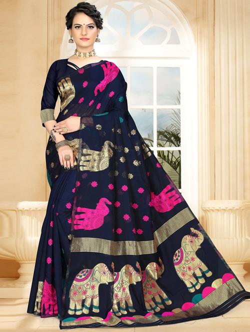 women's self design navy blue colored saree - 20259045 - Very Small Image - 1