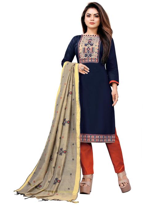 blue cotton blend unstitched suit - 20259230 - Very Small Image - 1