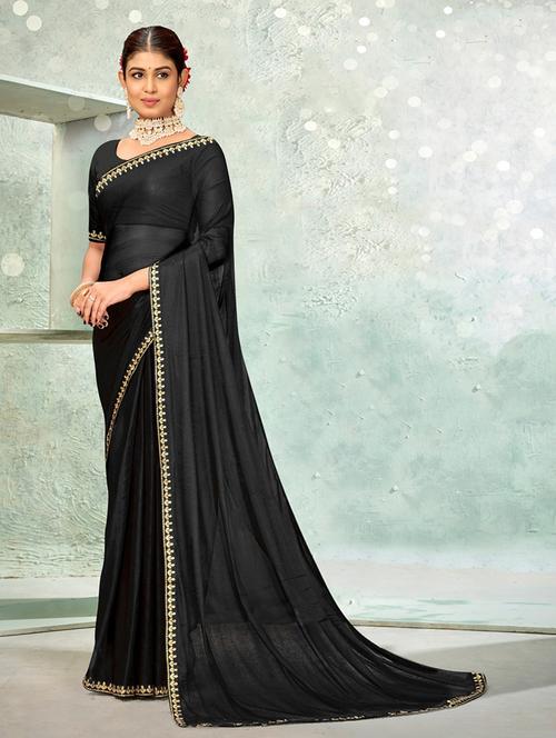 black colored plain saree with blouse - 20259791 - Very Small Image - 1