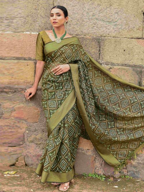 olive colored bandhani saree with blouse - 20259842 - Very Small Image - 1