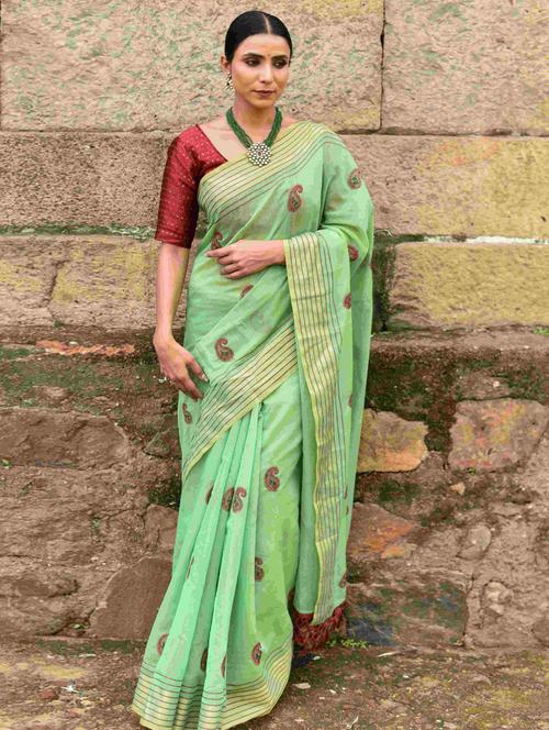 neo mint colored chanderi saree with blouse - 20259846 - Very Small Image - 1