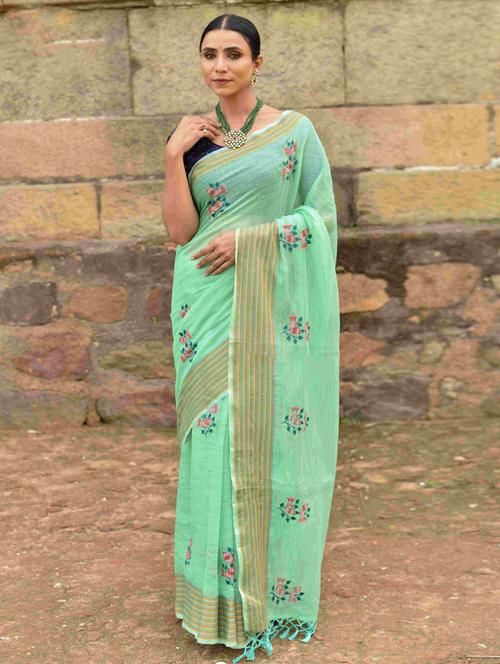 neo mint colored chanderi saree with blouse - 20259865 - Very Small Image - 1
