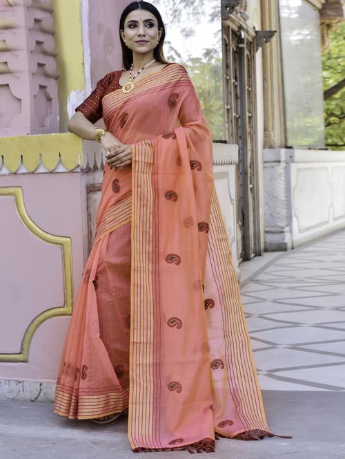 peach colored chanderi saree with blouse - 20259866 - Very Small Image - 1