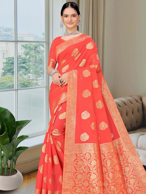 coral zari work chanderi saree with blouse - 20259893 - Very Small Image - 1