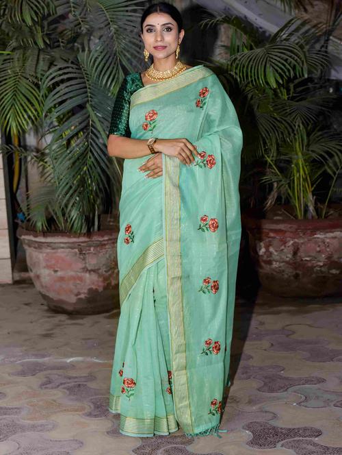 neo mint colored chanderi saree with blouse - 20259921 - Very Small Image - 1