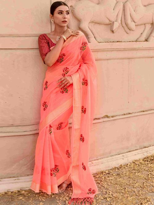 floral chanderi saree with blouse - 20259925 - Very Small Image - 1