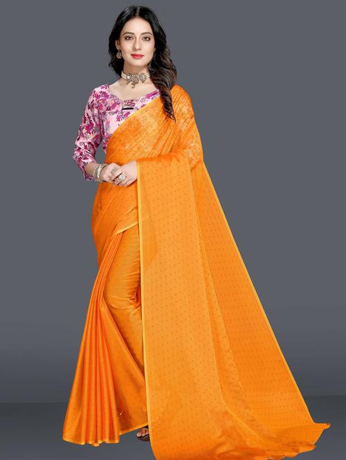 orange colored plain saree with blouse - 20260246 - Very Small Image - 1