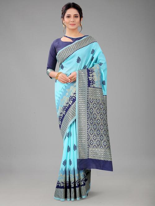 turquoise colored printed saree with blouse - 20260344 - Very Small Image - 1