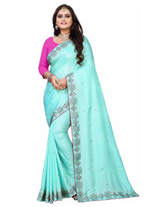 turquoise colored embellished saree with blouse - 20260352 - Very Small Image - 1