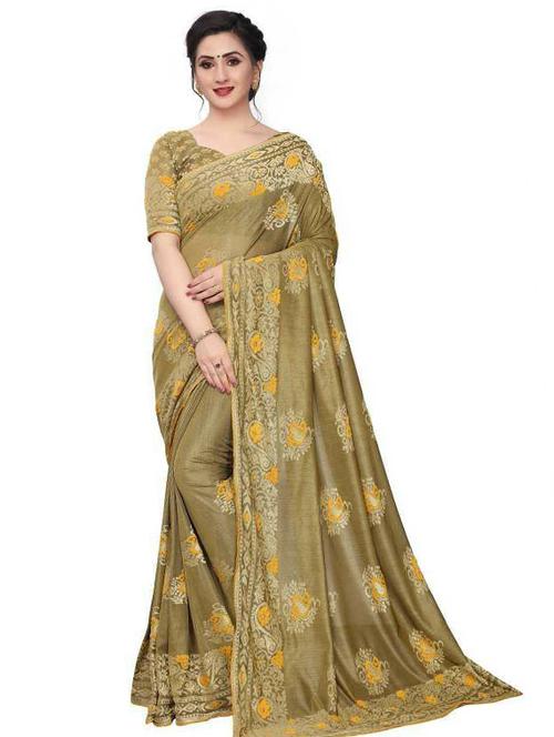 beige colored embroidered saree with blouse - 20260395 - Very Small Image - 1