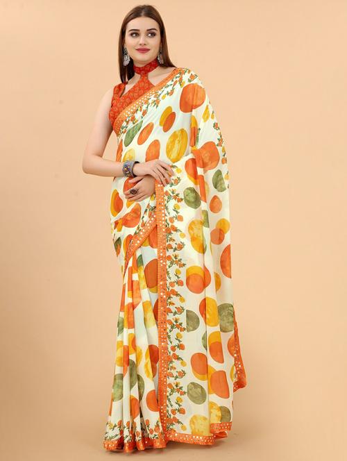 orange colored printed saree with blouse - 20260483 - Very Small Image - 1