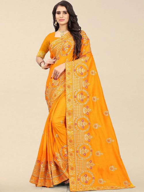 mustard colored embroidered saree - 20260511 - Very Small Image - 1