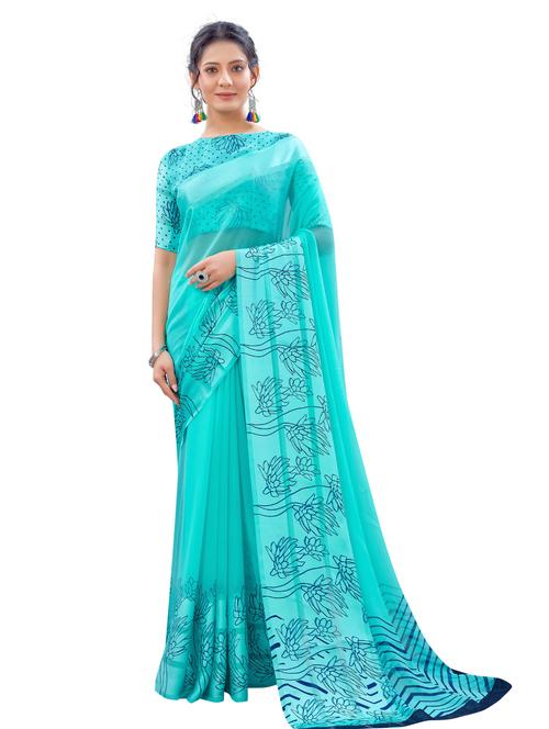 turquoise colored printed saree with blouse - 20260678 - Very Small Image - 1