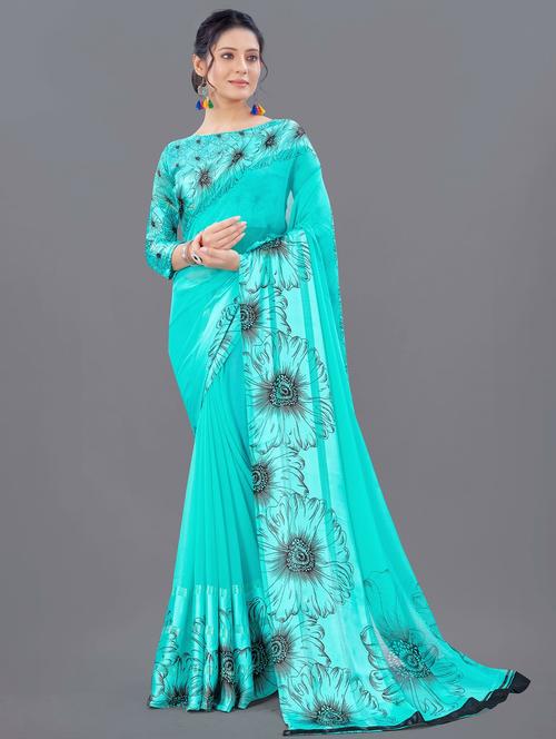 turquoise colored printed saree with blouse - 20260720 - Very Small Image - 1
