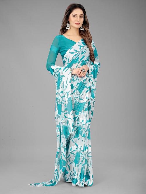 turquoise colored printed saree with blouse - 20260796 - Very Small Image - 1