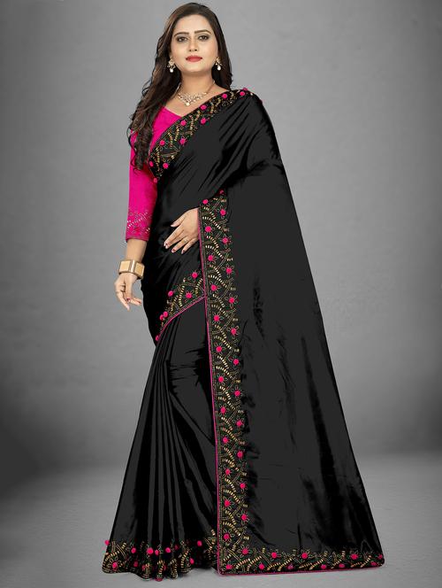 black colored embroidered saree with blouse - 20261021 - Very Small Image - 1