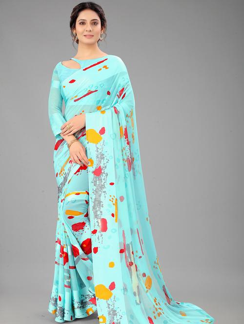 turquoise colored printed saree with blouse - 20261056 - Very Small Image - 1