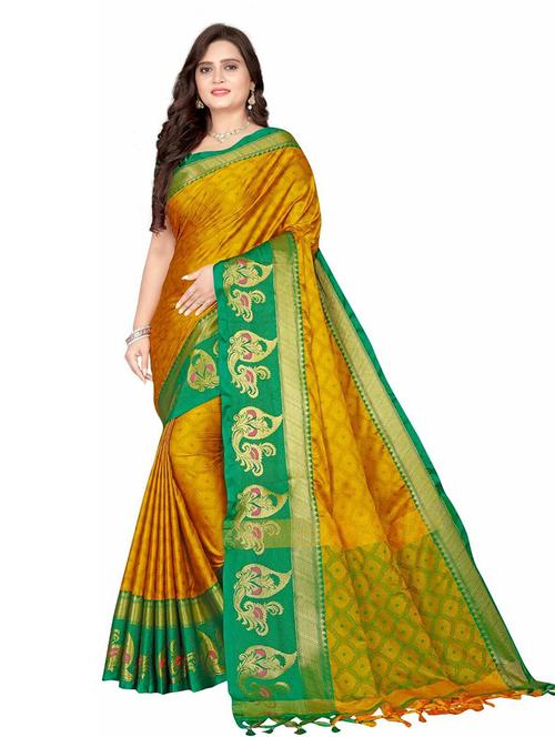 mustard colored southern silk saree with blouse - 20261211 - Very Small Image - 1
