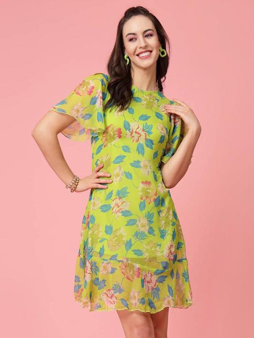 green floral print flute sleeves a-line dress - 20262028 - Very Small Image - 1