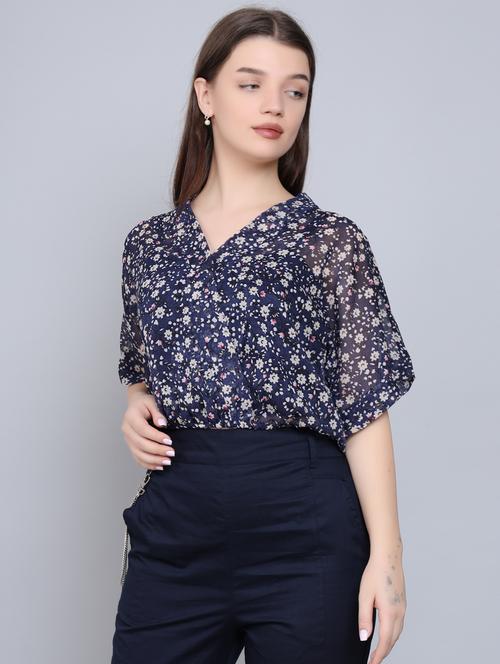 navy blue floral wrap top - 20263208 - Very Small Image - 1
