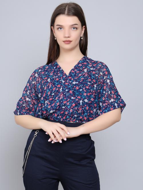 navy blue floral wrap top - 20263209 - Very Small Image - 1