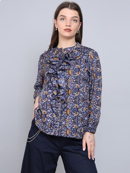 women's ruffle mandarin neck top - 20263342 - Very Small Image - 1