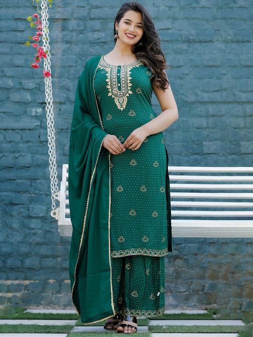 women green round neck kurta dupatta set - 20263466 - Very Small Image - 1
