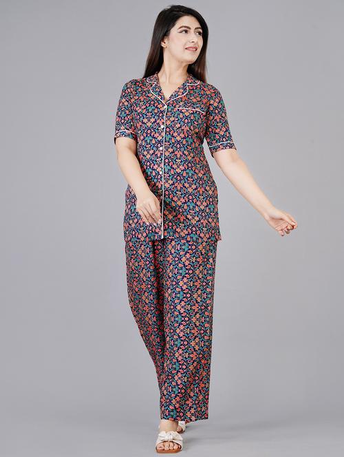 dark blue floral print pyjama set - 20263511 - Very Small Image - 1